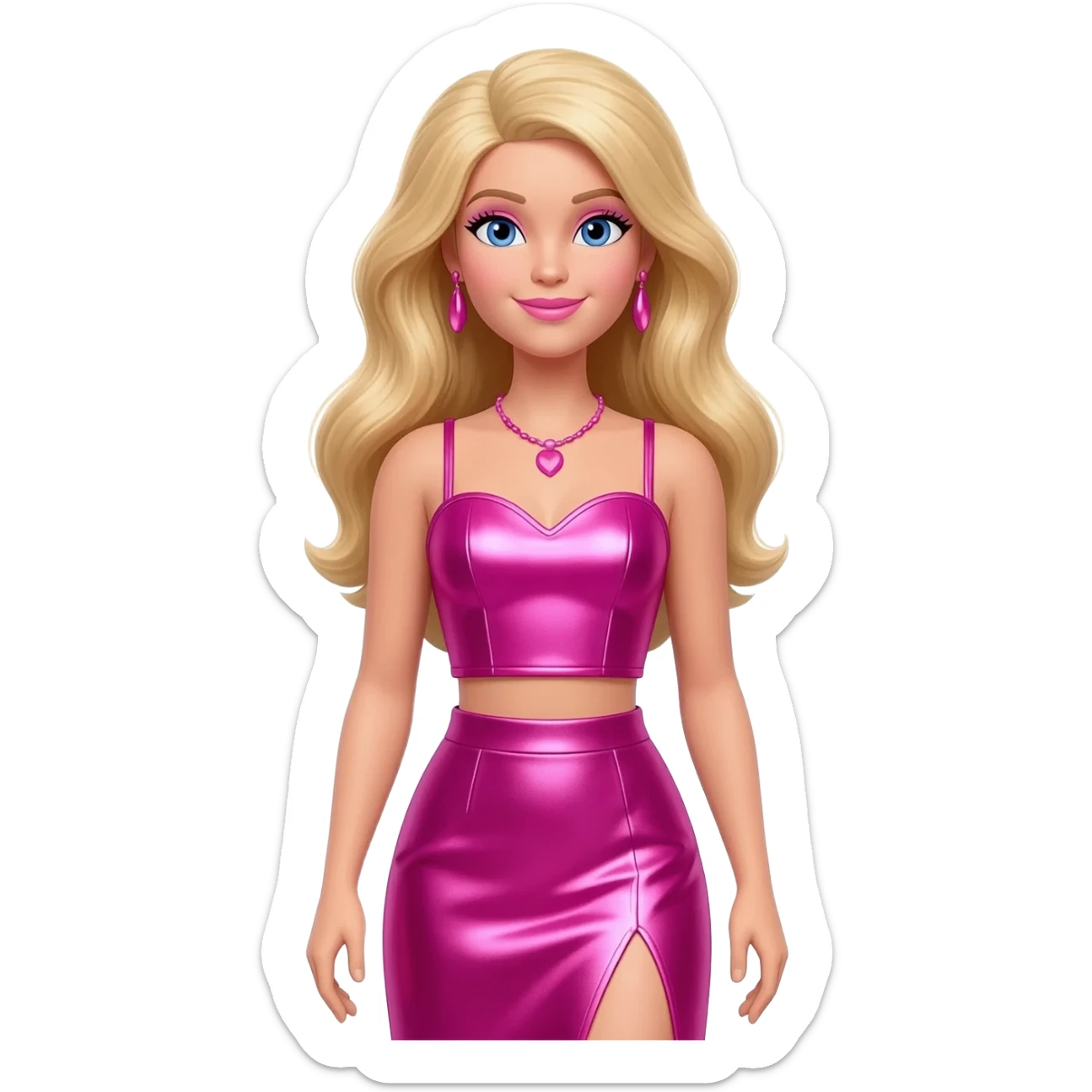 Barbie from Barbie and Friends with blue eyes, long blonde hair, hot pink metallic sweetheart crop top, hot pink metallic assymetrical long skirt, pink necklace and earrings sticker