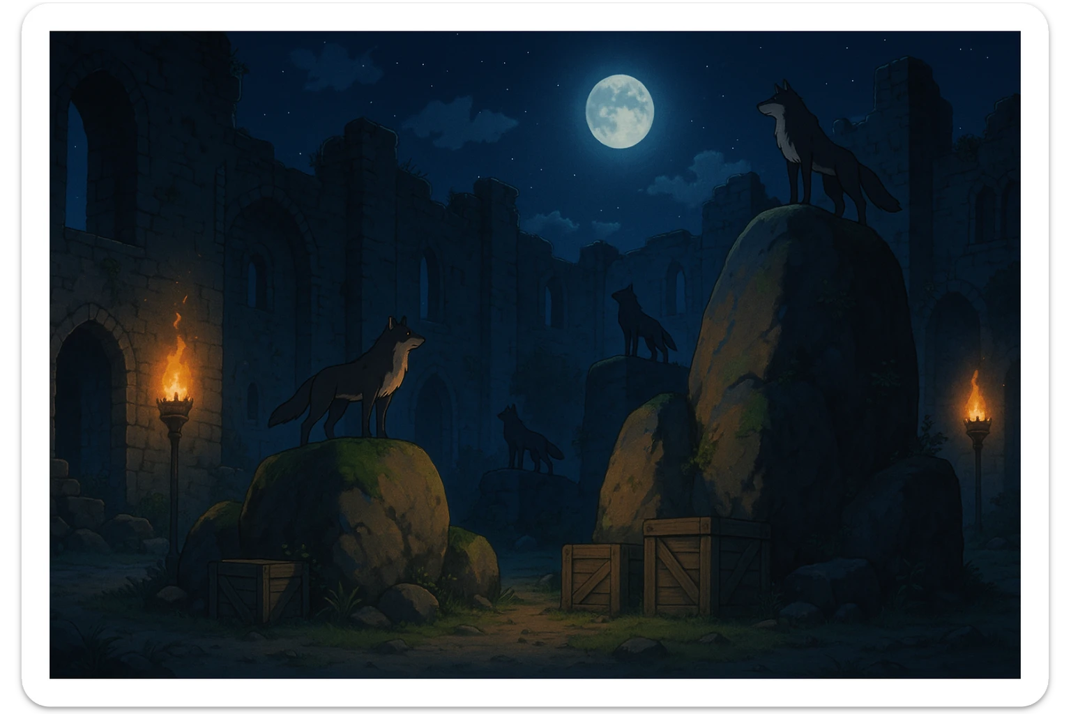midnight within the ruins of abandoned castle yard, protrude boulders with climbing wolves, amid iron torches and crates tucked behind sticker