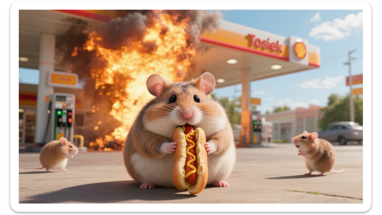 Cinematic still of A portrait of a fat hamster eating hotdog on gas station, gas station is in fire, other hamster fun away, sunny day, back light explosion , gas station named "Tosiek" (Realistic) sticker