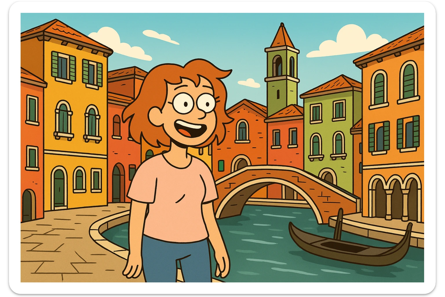 Venice, Italy, colorful houses and bridges, playful cartoon style sticker