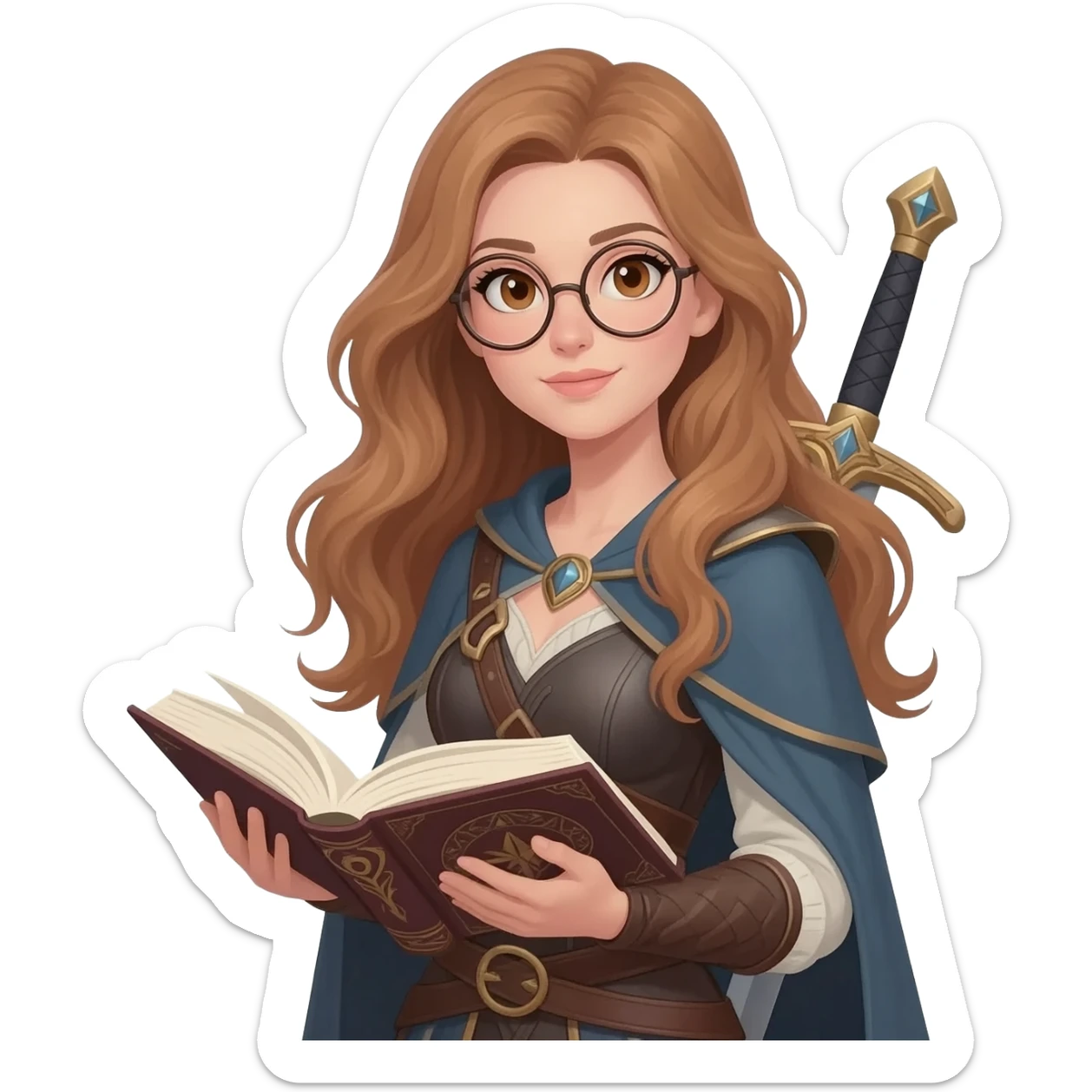 emoji style illustration of a woman with long light brown wavy hair, light brown eyes and round glasses holding an open book, with a sword on her back, fantasy heroine reader aesthetic sticker