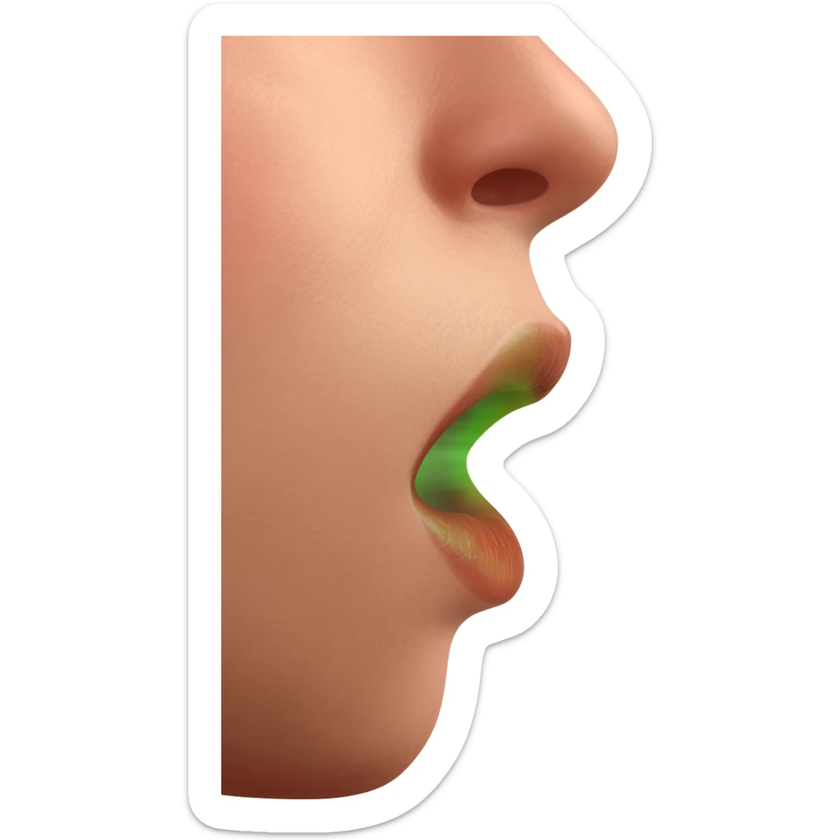 close-up side profile of a person’s lower face with mouth open, exhaling a visible green mist representing bad breath, medical illustration style, focus on lips and airflow, realistic skin texture, symbolic visualization of halitosis sticker