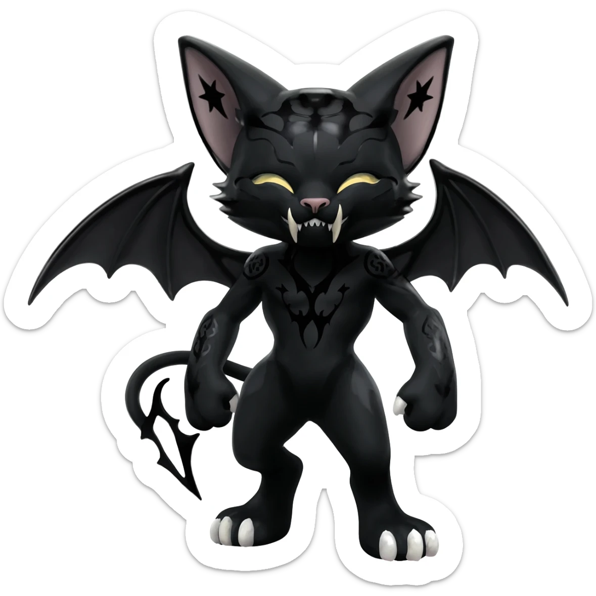 dark spooky badass cool shiny glossy smooth soft Black edgy Noivern-Noibat-Purloin-Torracat-Lykoi-Caracal-cat-Fakemon-fusion-hybrid-creature with bat wings on head as ears, big fangs, gothic markings sticker