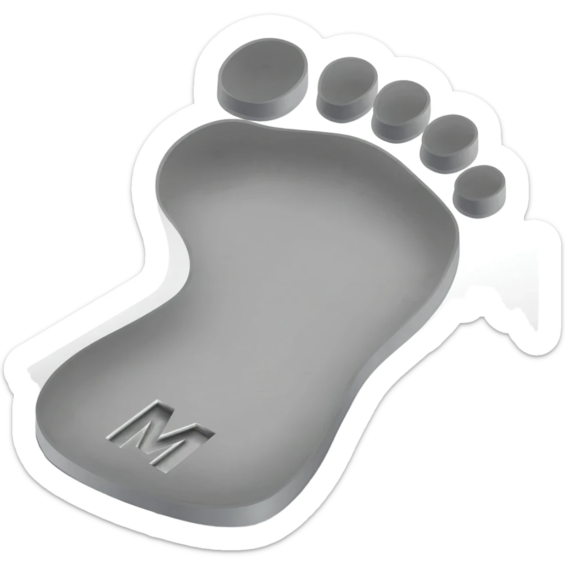 Minimalist 3D emoji: two stylized, bare footprints pressed deeply into soft, wet concrete. Textured surface. Engraved inside the heel of the leading footprint is a small, sharp chrome geometric 'M'. Isometric view, isolated on white. sticker