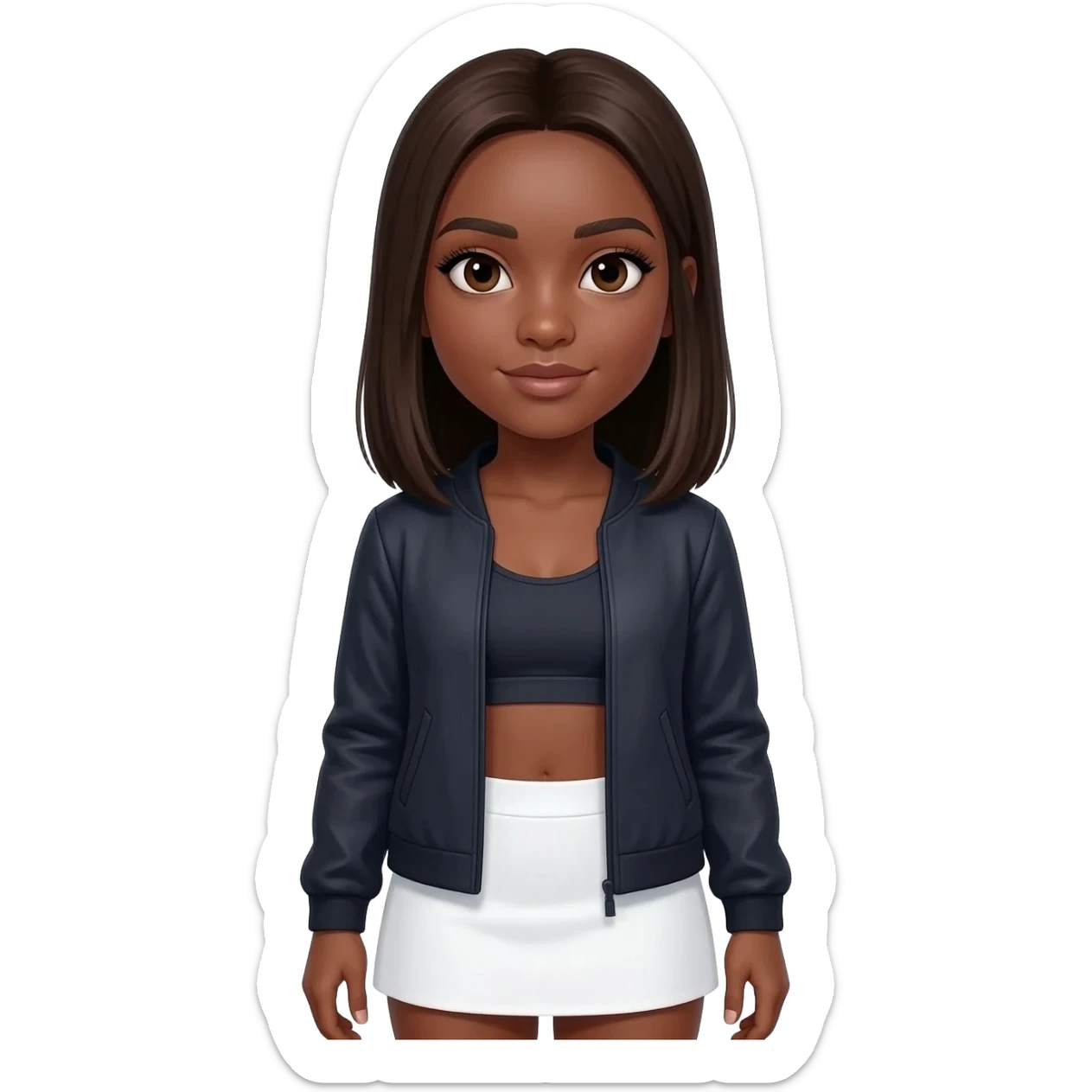 A girl with brown olive skin very very dark brown hair pretty dark brown eyes with long natural eyelashes wearing a lulu lemon tang top and jacket allong with a white mini skirt  straight medium length hair sticker