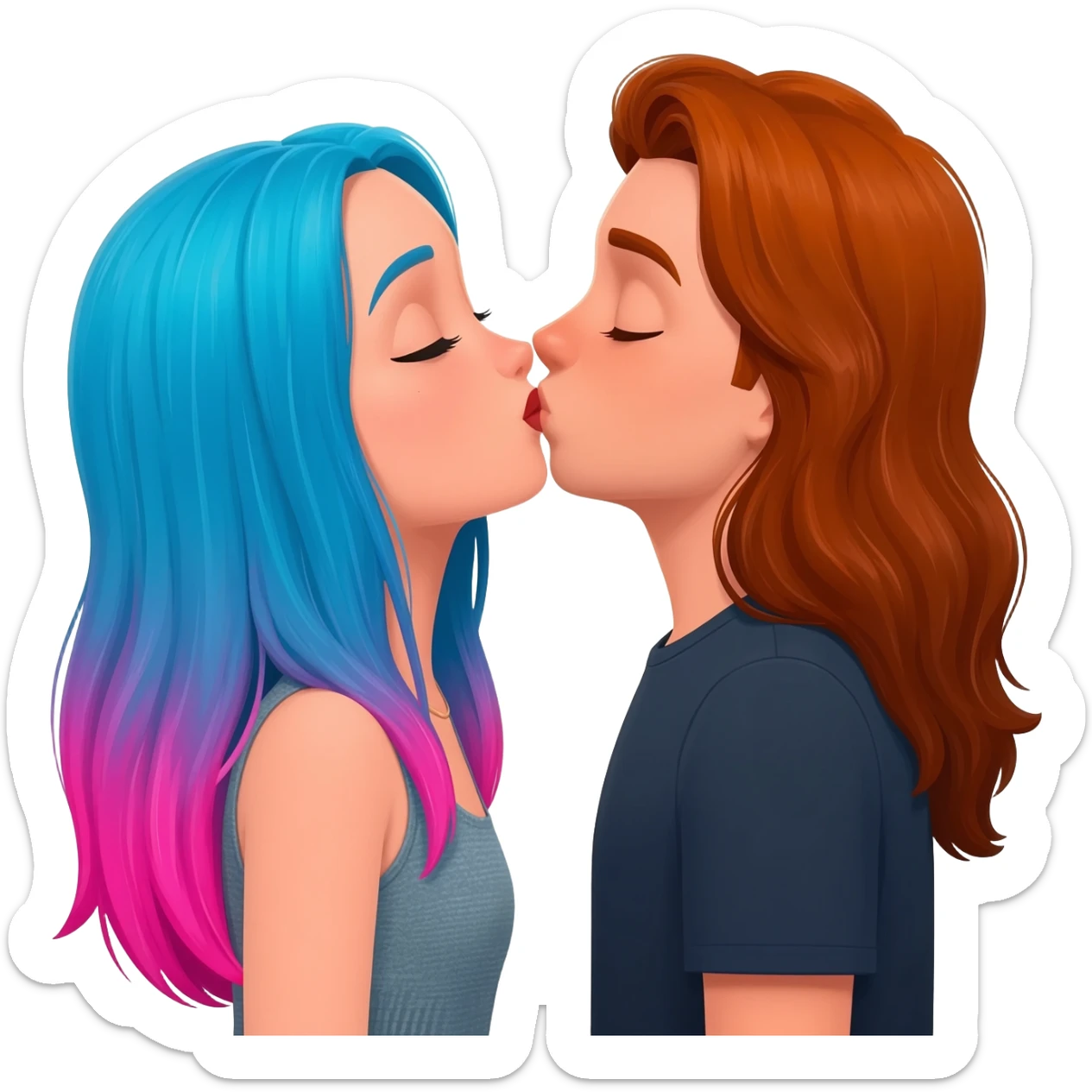 lesbians kissing, one has long blue and pink hair, the other has long auburn hair sticker