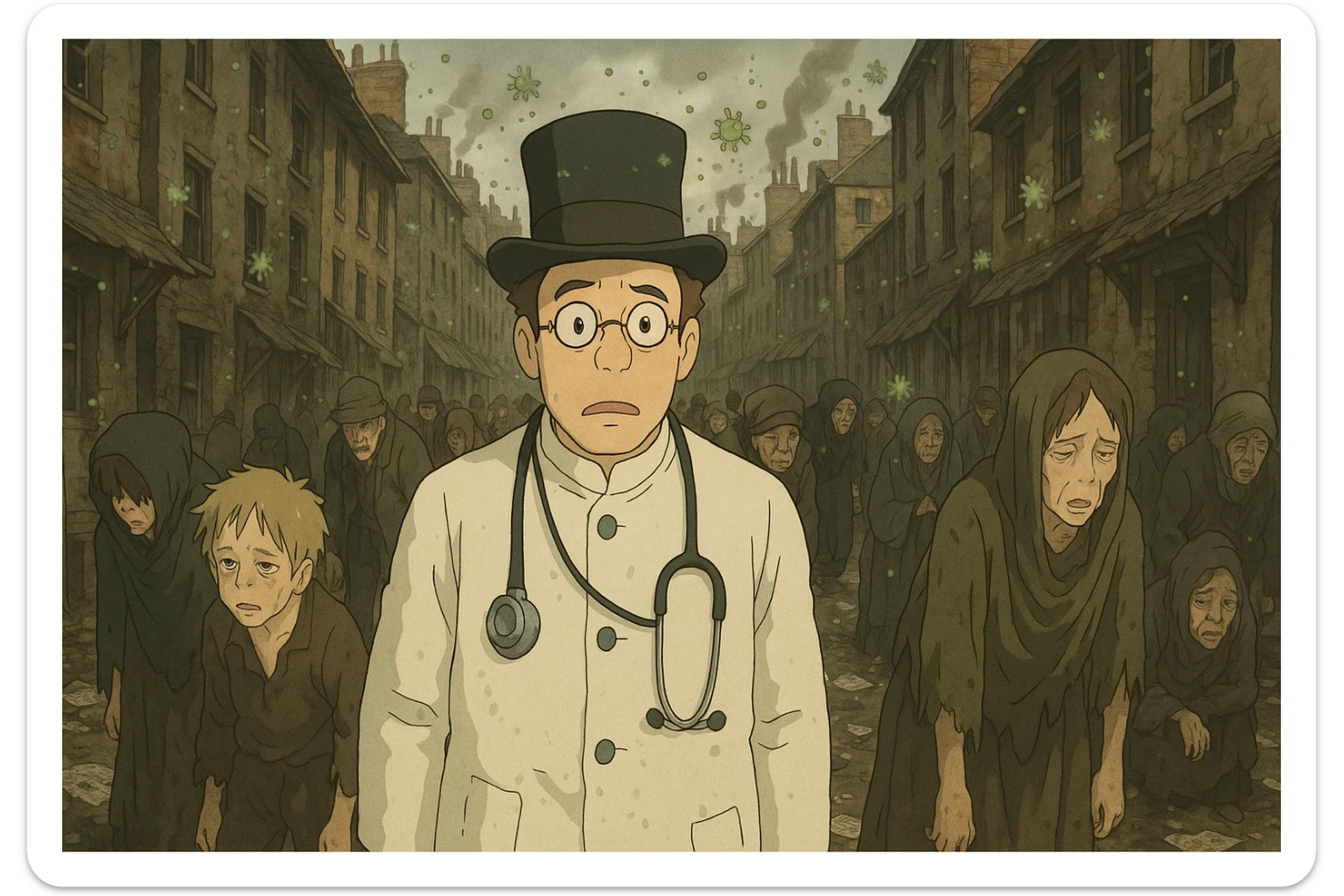 An early victorian slum area of London in the 1800s which is overpopulated, dirty and lots of waste on the floor.  There are ill looking people with germs in the air.  In the foreground is a confused looking doctor sticker