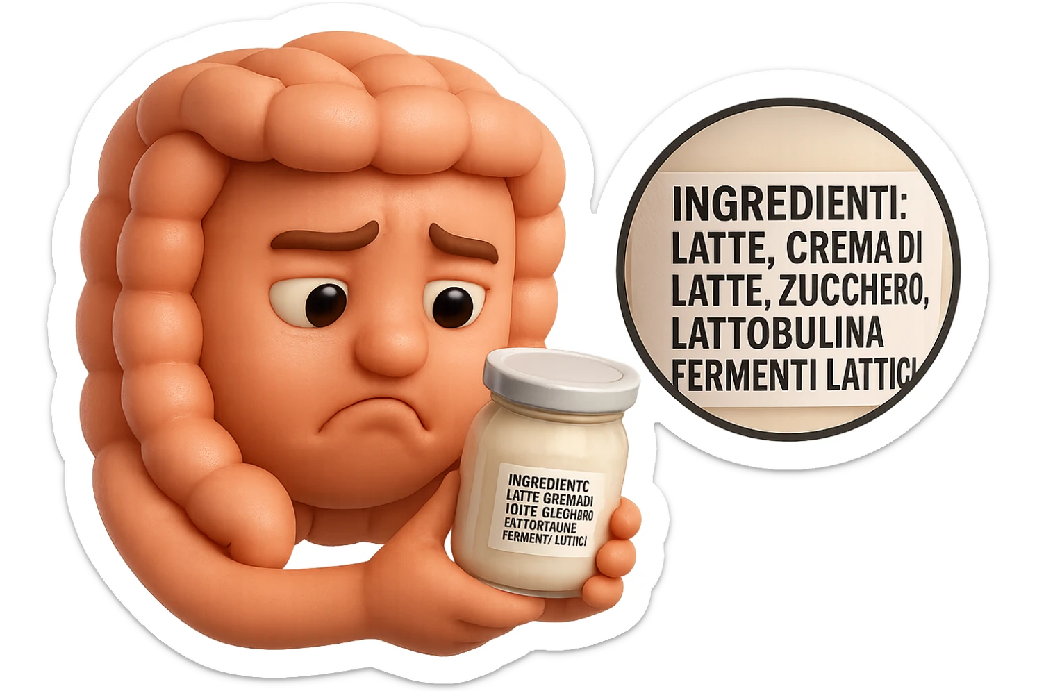 SU QUESTO STILE FAI UN EMOJI STILE IPHONE 3D DI UN INTESTINO CHE HA IN MANO UN BARATTOLO DI YOGURT CONFEZIONATO DA SUPERMERCATO E LEGGE L'ETICHETTA NUTRIZIONALE CON GLI INGREDIENTI IN ITALIANO, ACCANTO ALLO YOGURT CHE HA IN MANO C'è UN FOCUS SULL'ETICHETTA CON GLI INGREDIENTI SCRITTI, FAGLI UN ESPRESSIONE CONFUSA MENTRE LEGGE E FALLO MOLTO REALISTICO IN 3D sticker