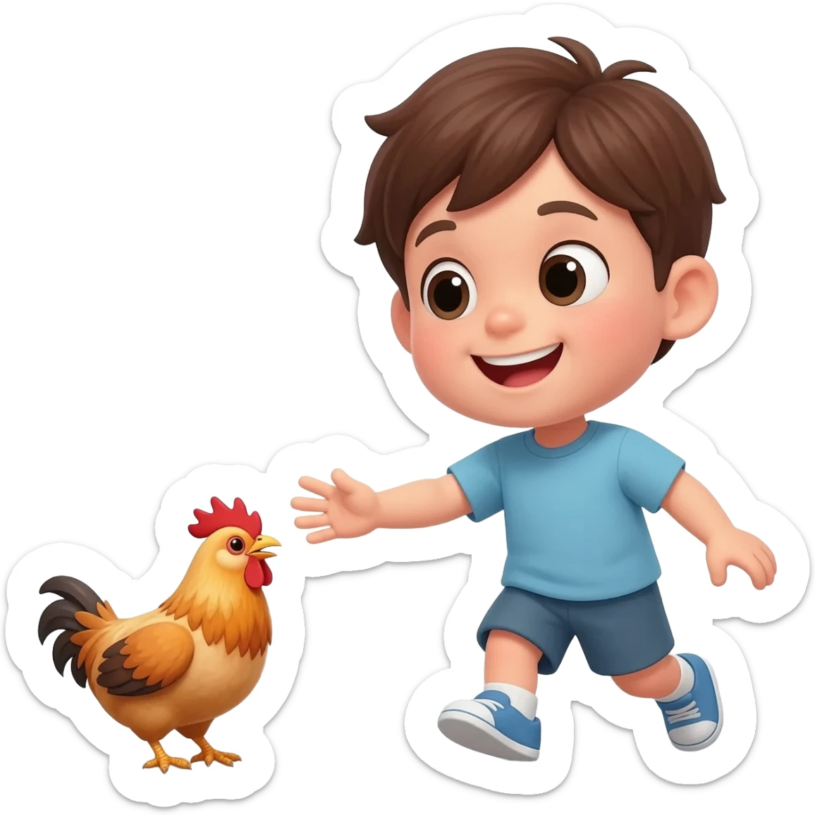 un niño atrapando a un pollo sticker