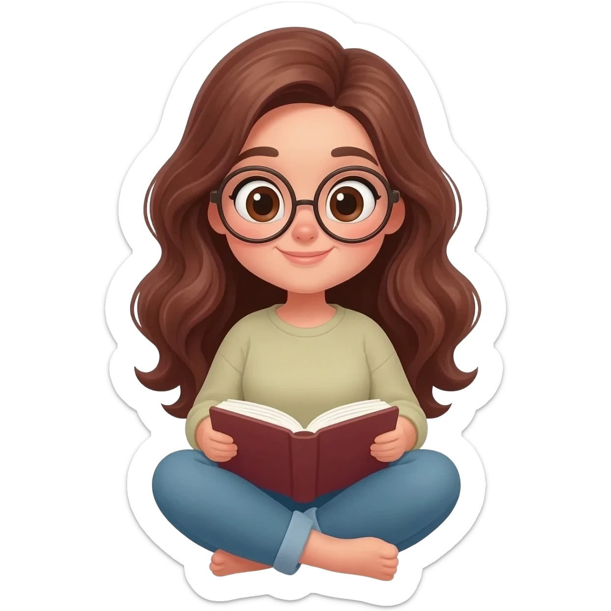 detailed emoji illustration of a curvy woman with long chestnut brown wavy hair, big light brown eyes and round glasses, sitting cross-legged and reading a book, cute emoji style sticker