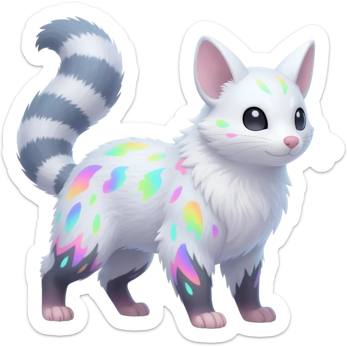  cute adorable whitish pastel fur with glowing bioluminescent random colorful markings iridescent beautiful elegant pretty precious cute young youthful  Fakémon-Pokémon-alien-opossum-feline-serval-caracal-chinchilla-Minccino-hybrid-creature with a big fluffy bushy striped tail (full body) sticker