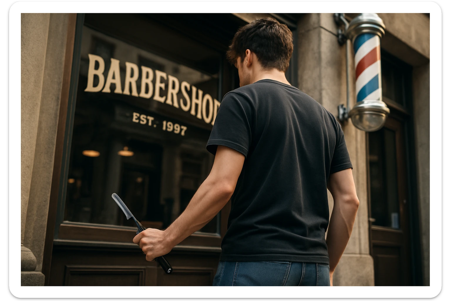 sartaroshxona oldida turgan yosh yigit bir qo'lida ustara bilan pastroqdan rakurs yuzi ko'rinmasin sticker