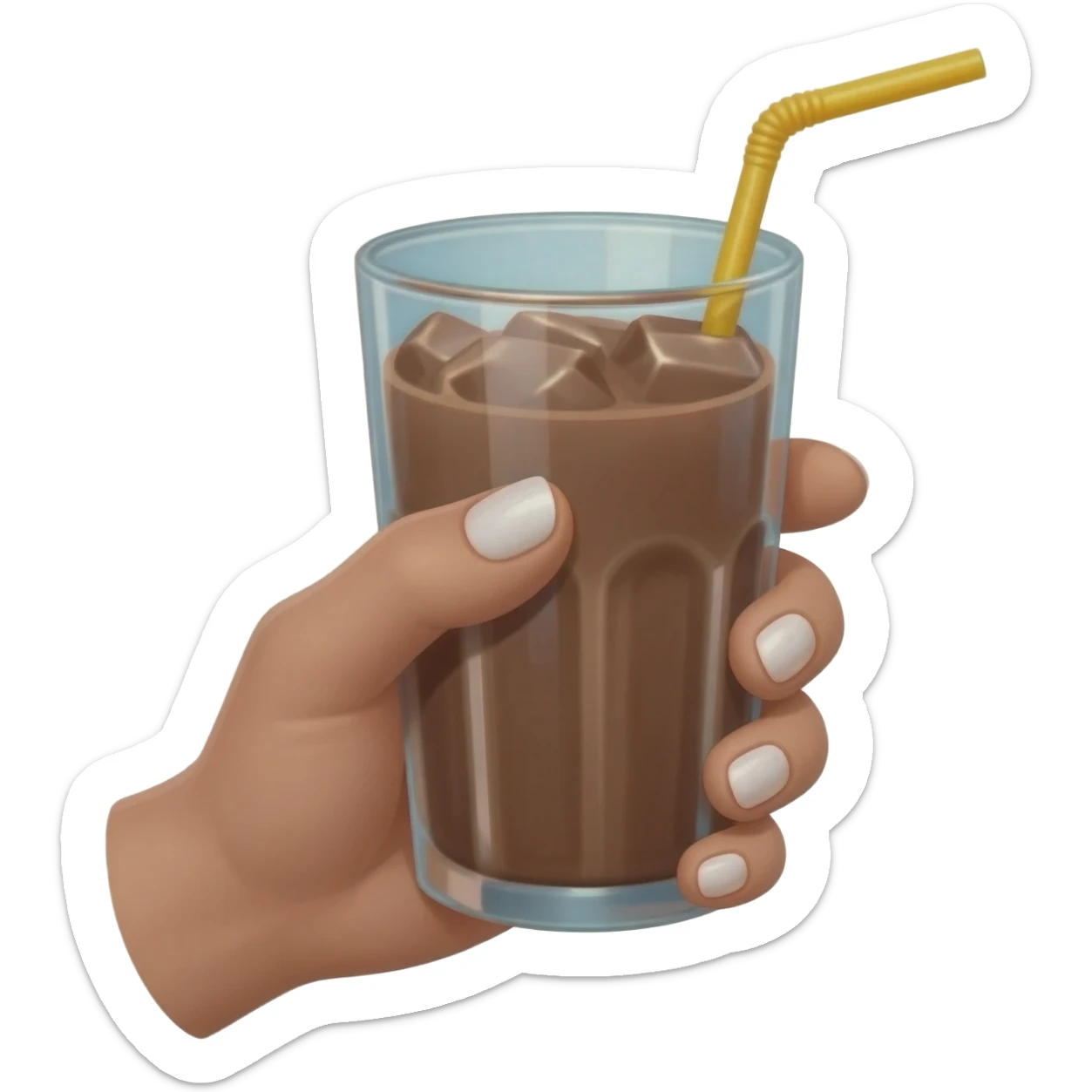chocolat froid dans un grand verre avec une paille tenue par le bout d'une jolie main de femme avec une belle manucure Style Pinterest réaliste Avec une bordure b blanche sticker