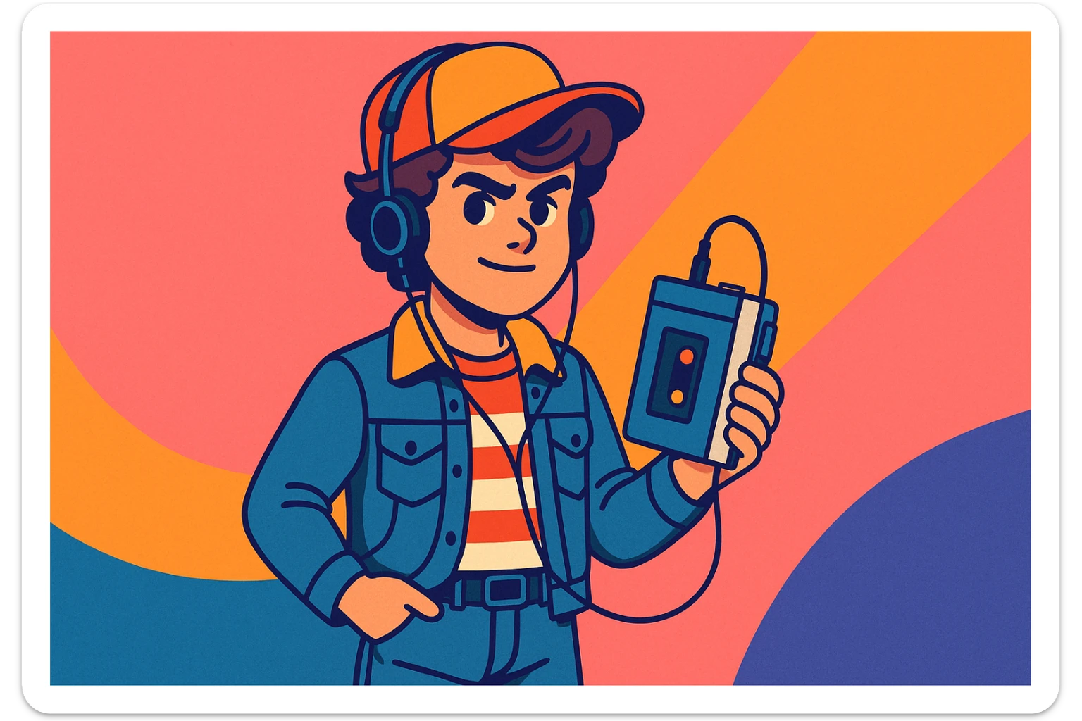 Stranger Things inspired character, 1980s kid holding a portable cassette tape player (walkman), vibrant toon style, wide aspect ratio 16:9 sticker