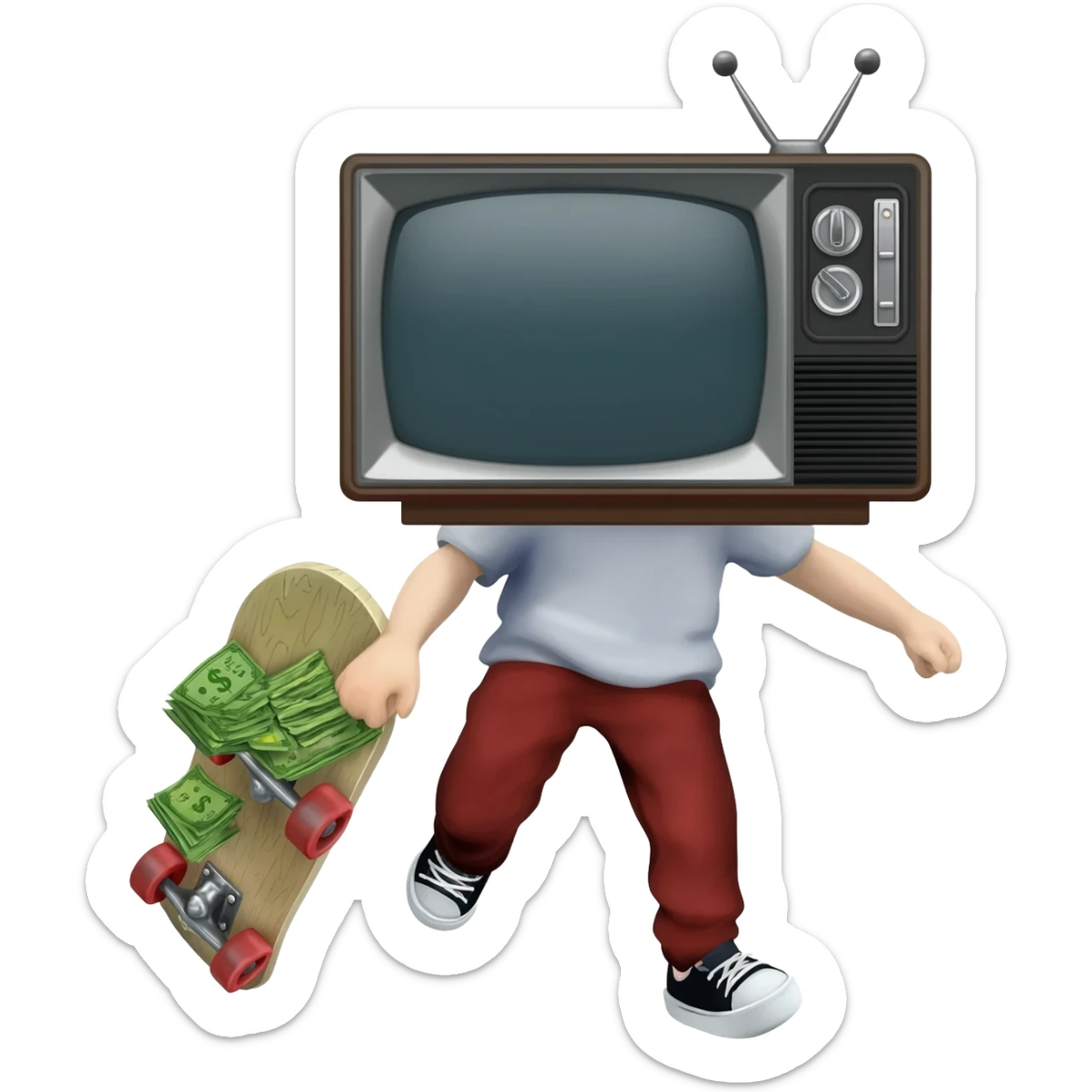 Tv holding money in a skateboard sticker