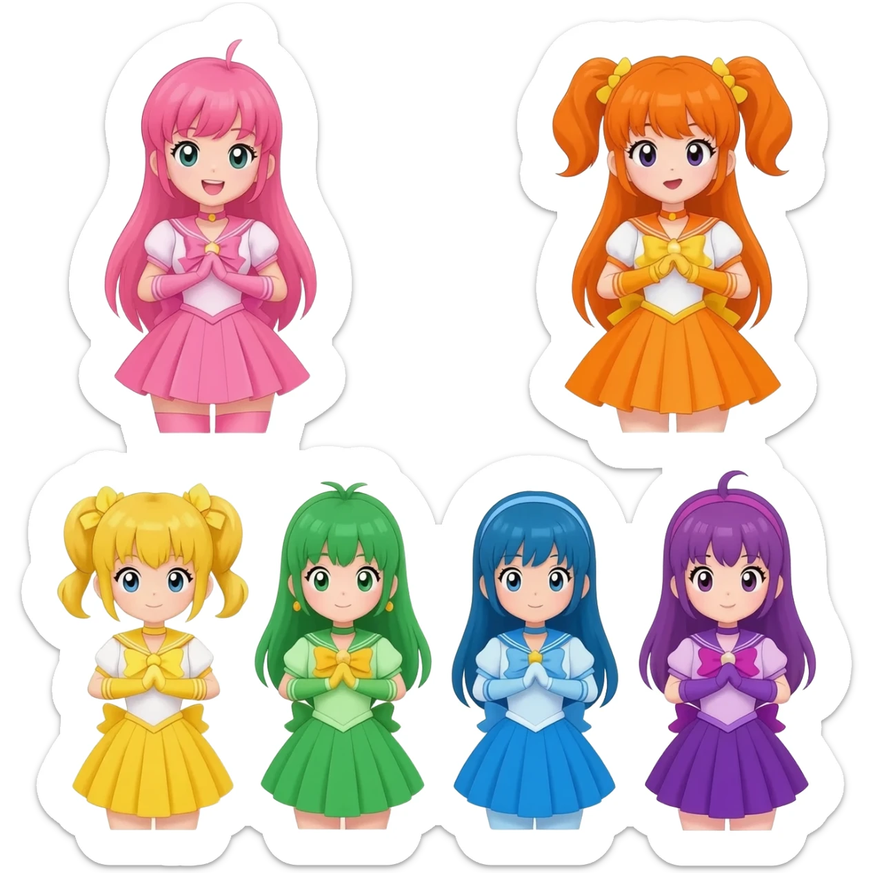 Pink tokusatsu heroine magical girl, Orange tokusatsu heroine magical girl, yellow tokusatsu heroine magical girl, green tokusatsu heroine magical girl, blue tokusatsu heroine magical girl, and purple tokusatsu heroine magical girl, (emoji style) sticker