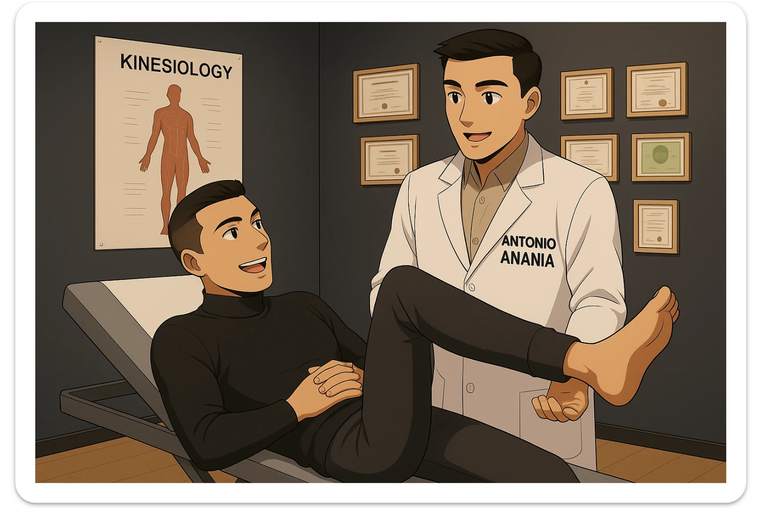 su questo lettino rappresenta un webtoon manga a colori con questo stile, in cui un uomo è steso sul lettino medico e il kinesiologo con il camice bianco (fagli anche la scritta "ANTONIO ANANIA" SUL CAMICE, gli solleva una gamba per fargli il test neuromuscolare, IL KINESIOLOGO SPIEGA ALL'UOMO UNA cosa mentre gli alza la gamba. l'espressione dell'uomo è felice e soddisfatta, non fare i fumetti però, fai solo in modo che sembri stiano parlando sticker