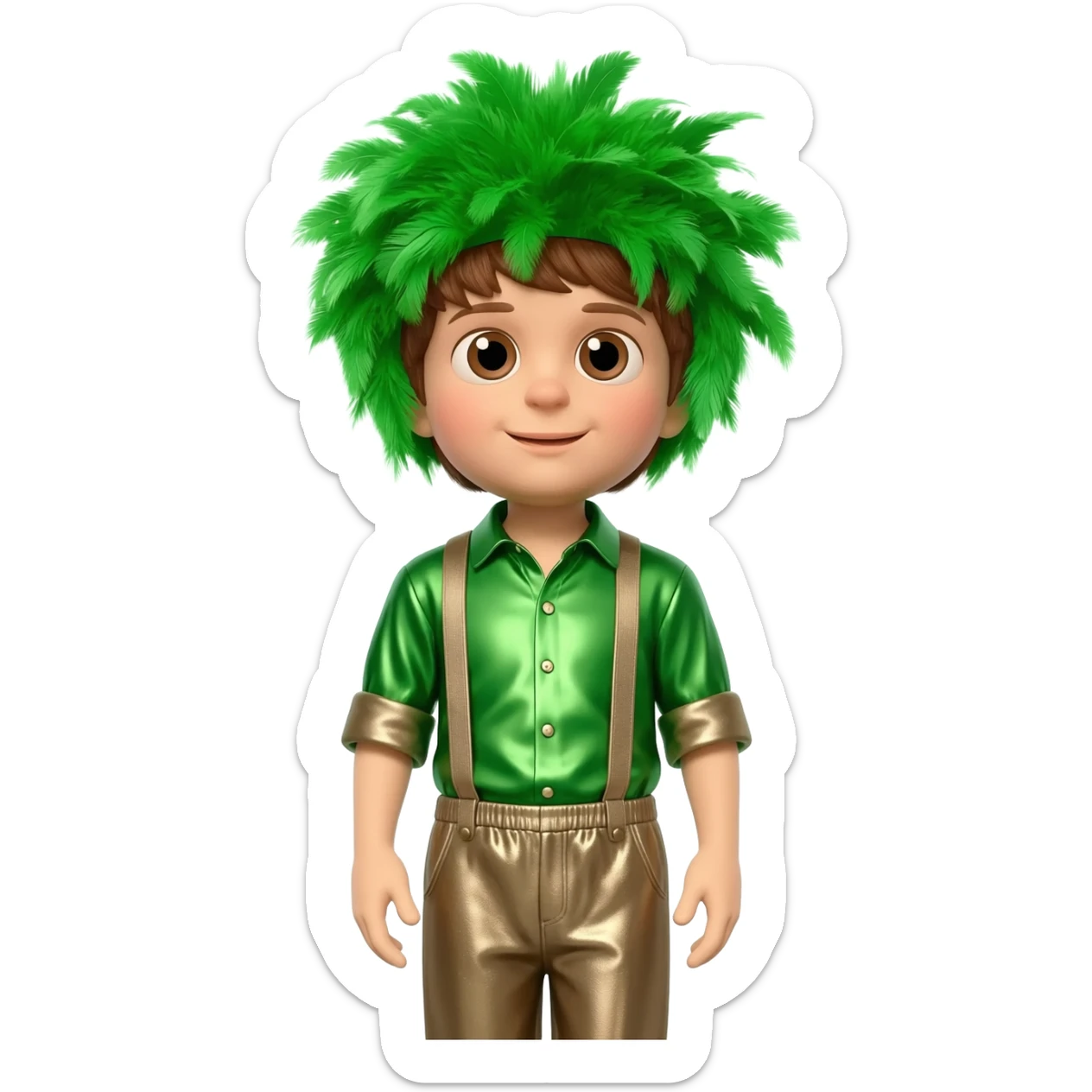 Dominic Field aka The Tree of Wisdom from The Wiggles with brown eyes, brown hair, green feather wig, green metallic shirt, taupe metallic baggy pants sticker
