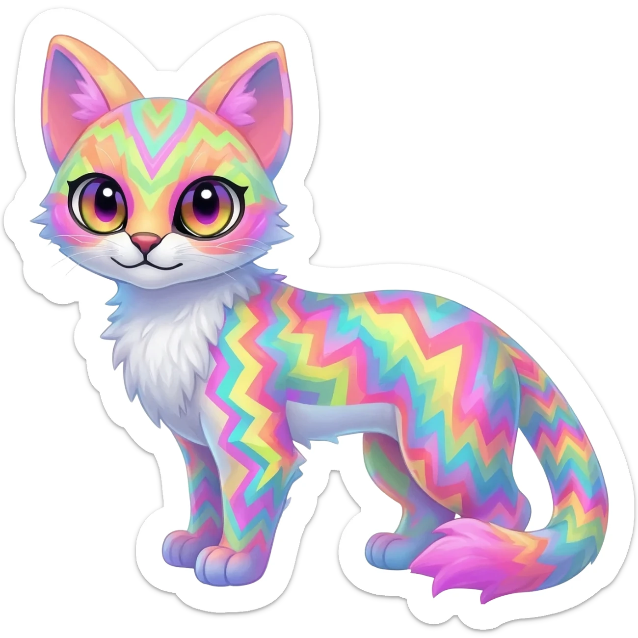 Colorful tropical tribal pale light fruity pastel white glorious iridescent divine exotic cute albino neon vibrant zigzagged cool beautiful fantasy-caracal-civet-genet-sergal-vernid-Gryphon-Cacomistle-Trico-oncilla-animal-Fakémon-hybrid-fursona (full body), facial markings,  sticker