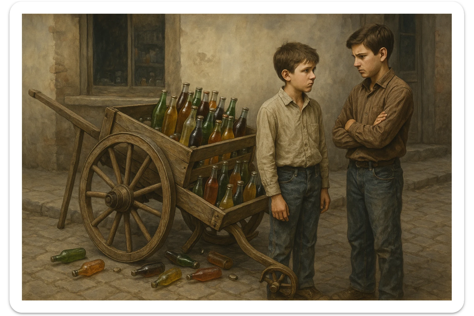 Bir g'ildiragi singan ichimliklar ortilgan arava uning yonida aka uka bir biriga havotirli nigoh bilan qarab turibdi realistik uslubda sticker