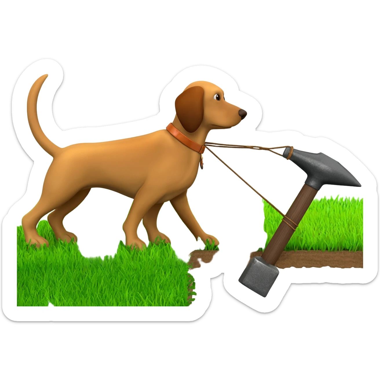 Pack hound standing on green grass pulling an anvil with  an electric shaver under anvil  show the green grass behind the anvil lower cut grass path behind anvil.showing a shaven  path along green grass by leads or chains. Show the shaver cutting the grass sticker