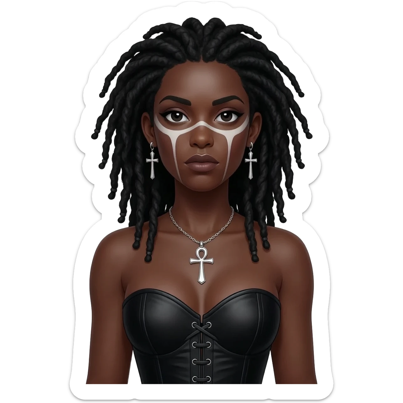 goth black girl with black corset, with brown skin, cross earrings, ankh necklace with black dreadlocks with whole white face paint sticker