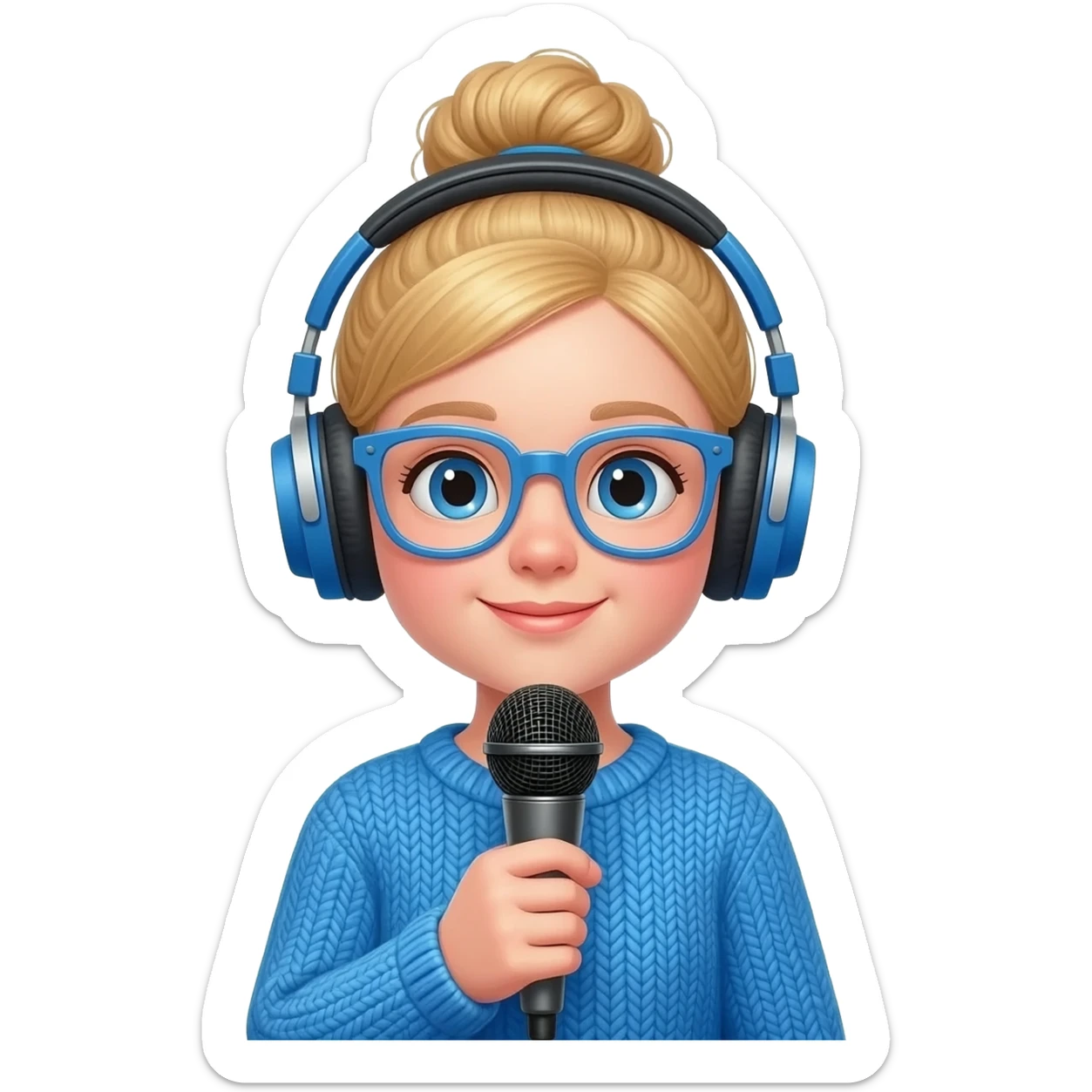 a girl with blue knitwear with a blonde hair
bun, blue glasses and her job is a podcaster (condenser microphone in front of her face and a headphone in her head) sticker