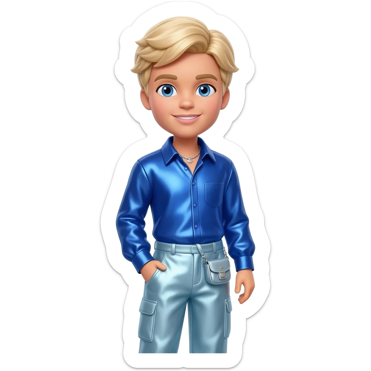 Ken from Barbie and Friends with blue eyes, blonde hair, cobalt blue metallic shirt, light steel blue metallic baggy pants, silver necklace sticker
