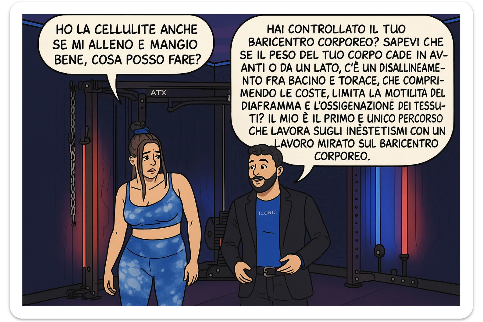 TRASFORMA QUESTO CAROSELLO IN UN FUMETTO CON QUESTE DUE PERSONE IDENTICHE CHE INTERLOQUISCONO TRA LORO:

LEI: Ho la cellulite anche se mi alleno e mangio bene, cosa posso fare?

LUI: Hai controllato il tuo baricentro corporeo?
Sapevi che se il peso del tuo corpo cade in avanti o da un lato, c’è un disallineamento fra bacino e torace, che comprimendo le coste, limita la motilità del diaframma e l’ossigenazione dei tessuti?
Il mio è il primo e unico percorso che lavora sugli inestetismi con un lavoro mirato sul baricentro corporeo. sticker