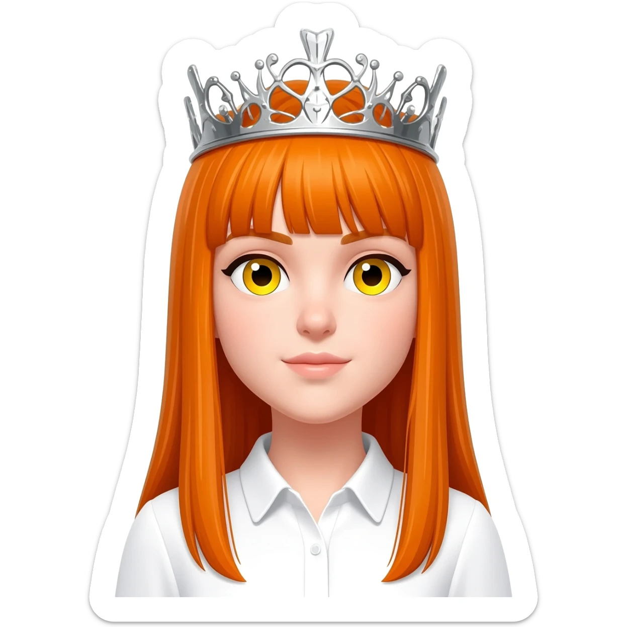 White girl with orange long straight hair and yellow eyes with a crown on her head and a white shirt on sticker