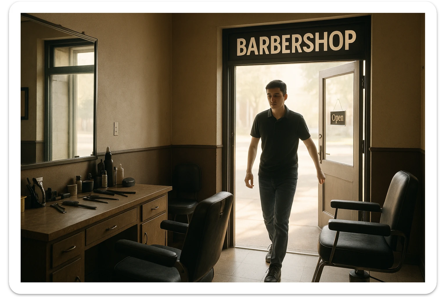 Shu odamni sartaroshxonaga kirib kelayapti  o'smirin davri rakurs ichkaridan sartaroshxona eski ham yangi ham emas bolani juda semiz qilib yuborma  u ozg'inroq bo'lsin huddi sartaroshxonani  hammadan oldin kelib ochsin sticker