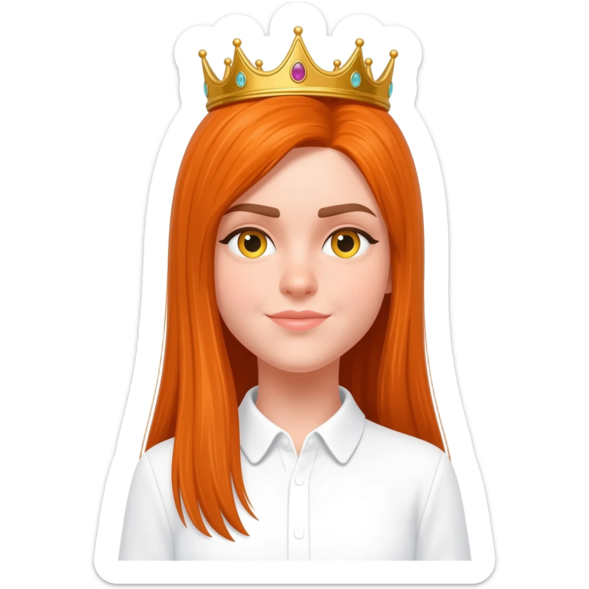 White girl with orange long straight hair and yellow eyes with a crown on her head and a white shirt on brown eyebrows sticker