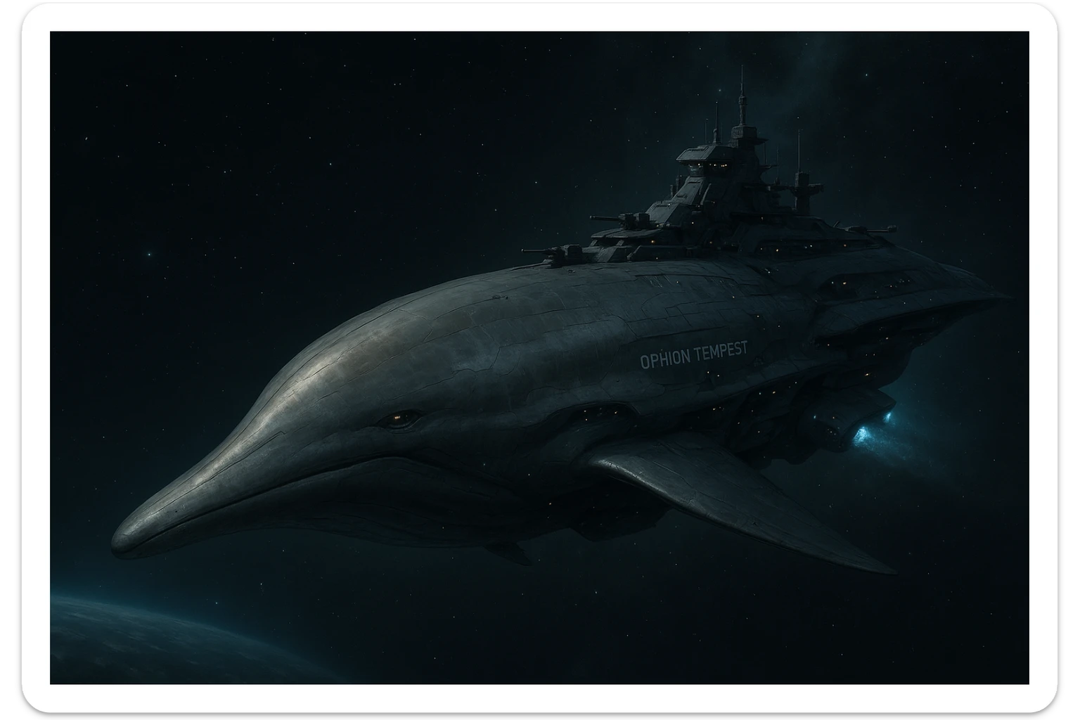 capital class space cruiser supercarrier of Zrian [human] origins, named the "Ophion Tempest"
The ship has a sleek design, mimicking a prehistoric sea-mammal or Cetacea  sticker