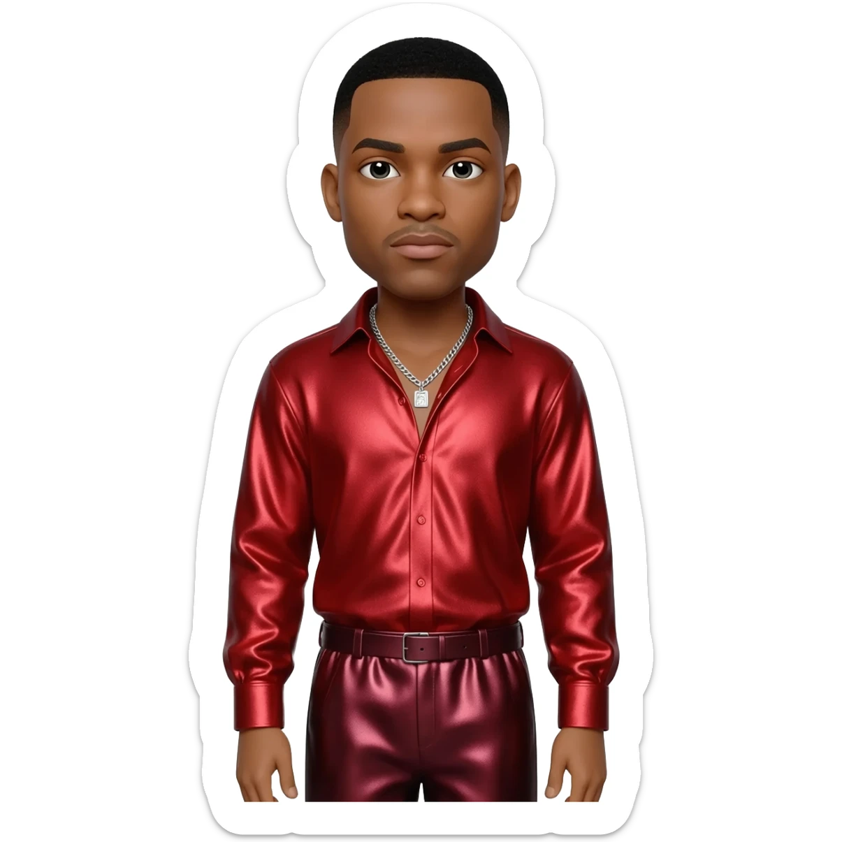 Ginuwine, R&B Singer with black short hair, red metallic shirt, burgundy metallic baggy pants, silver necklace sticker