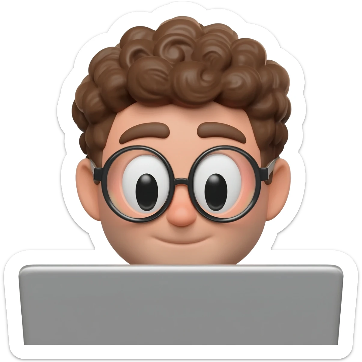 3D emoji-style male character with curly hair and big glasses, eyes wide, peeking over a laptop, minimal design, soft lighting, plain background, high quality. sticker