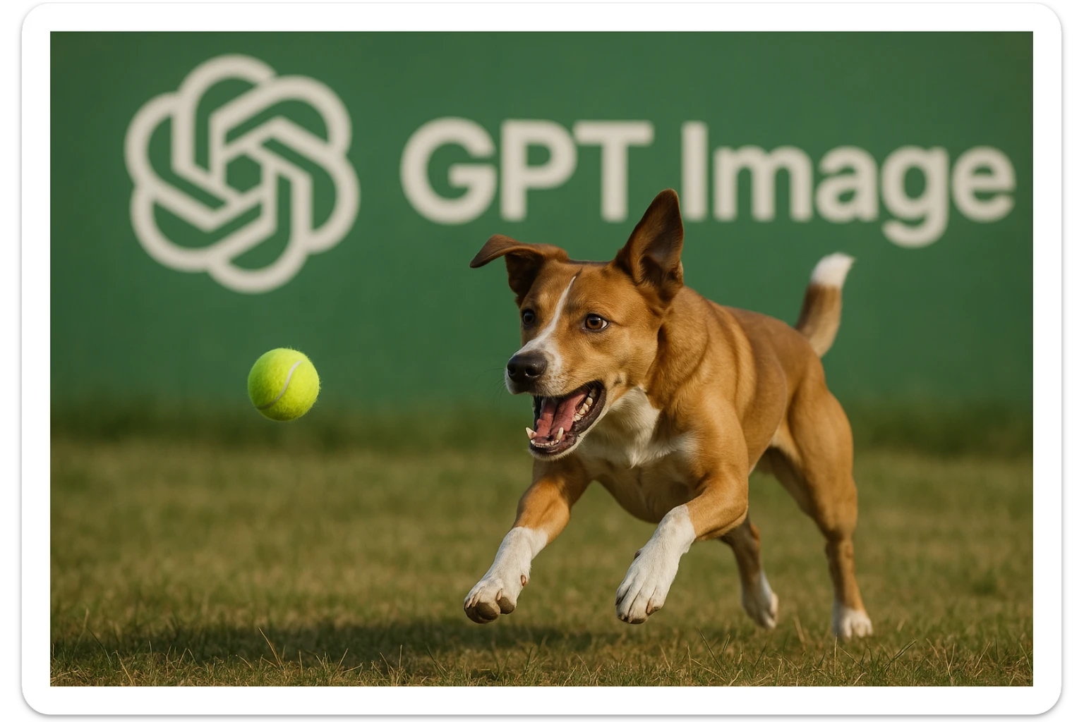  logo of chat gpt with text "GPT Image" on the background of a dog chasing ball, realistic image sticker