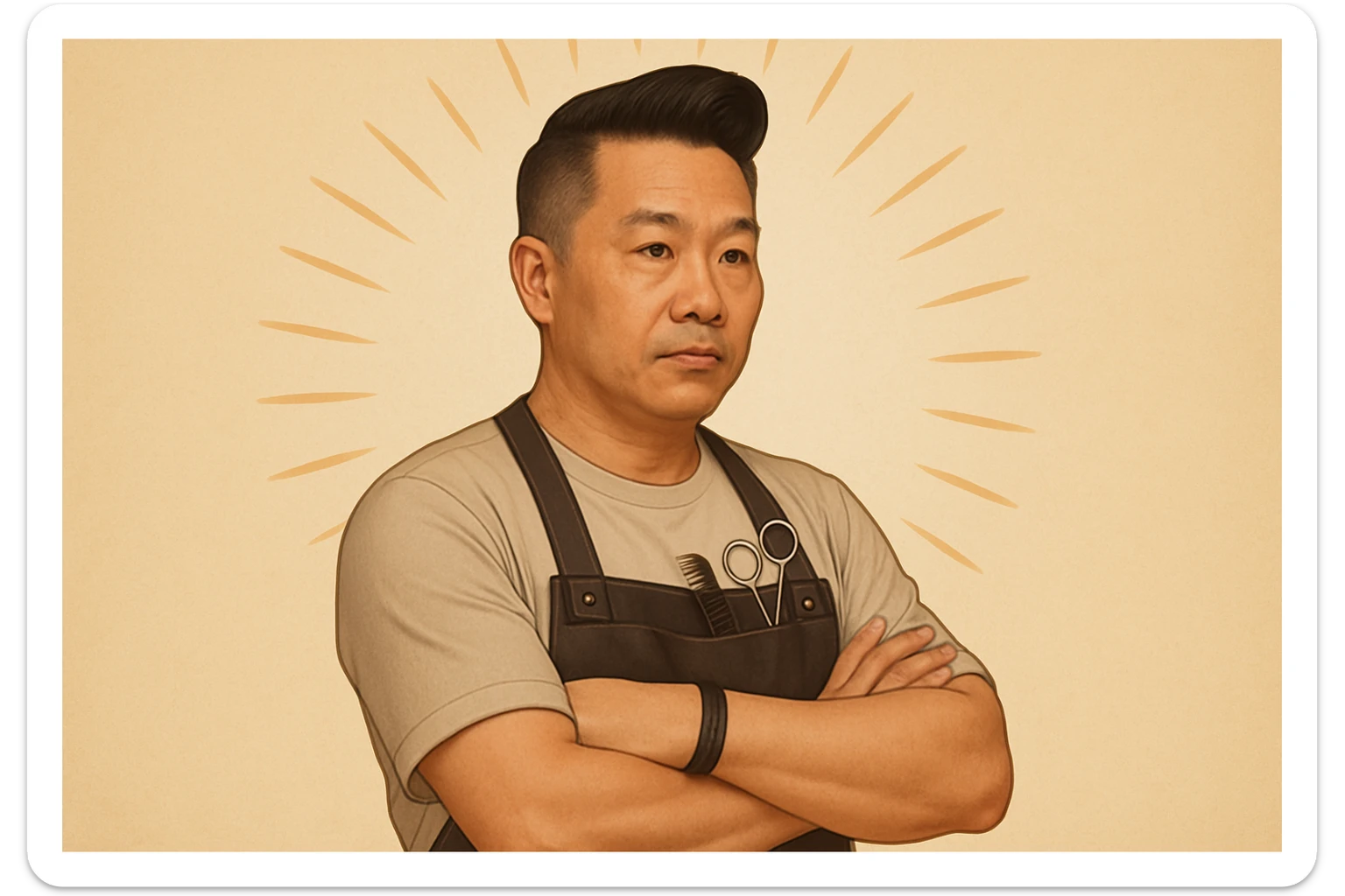 shu pozada turgan faqat o'ng tarafga qarab turgan sartarosh ustani tasvirlab ber realistik uslubda yoshi kattaroq soqol shart emas va osiyolik erkak  sticker