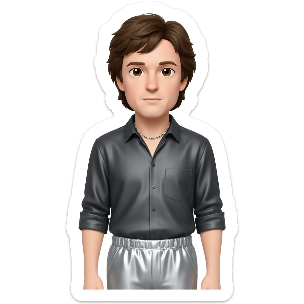 Paul McCartney with brown eyes, dark brown hair, dark gray metallic shirt, light gray metallic baggy pants, silver necklace sticker