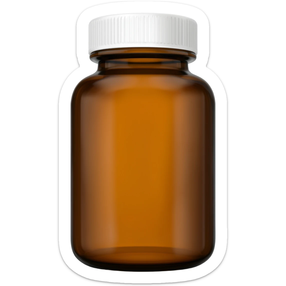 High-resolution studio product photo of an amber brown glass supplement bottle with a white plastic cap, no label, completely blank surface. The bottle is centered, isolated with a soft natural shadow underneath. Professional commercial lighting, sharp focus, ultra-realistic sticker