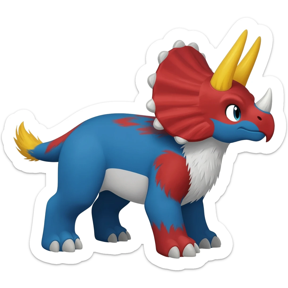 Blue-red-yellow, white-breasted Gryphon-Trico-Sergal-Furret-Ferret-Wolverine-Vernid-fusion-Fakemon-animal-hybrid-creature, full body sticker