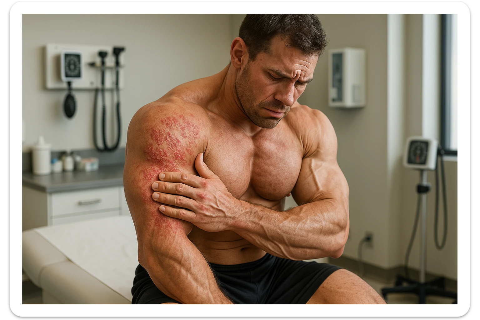 BODYBUILDER STESO SUL LETTINO DI UN MEDICO CON IRRITAZIONE CUTANEA, iperrealistico 4k sticker