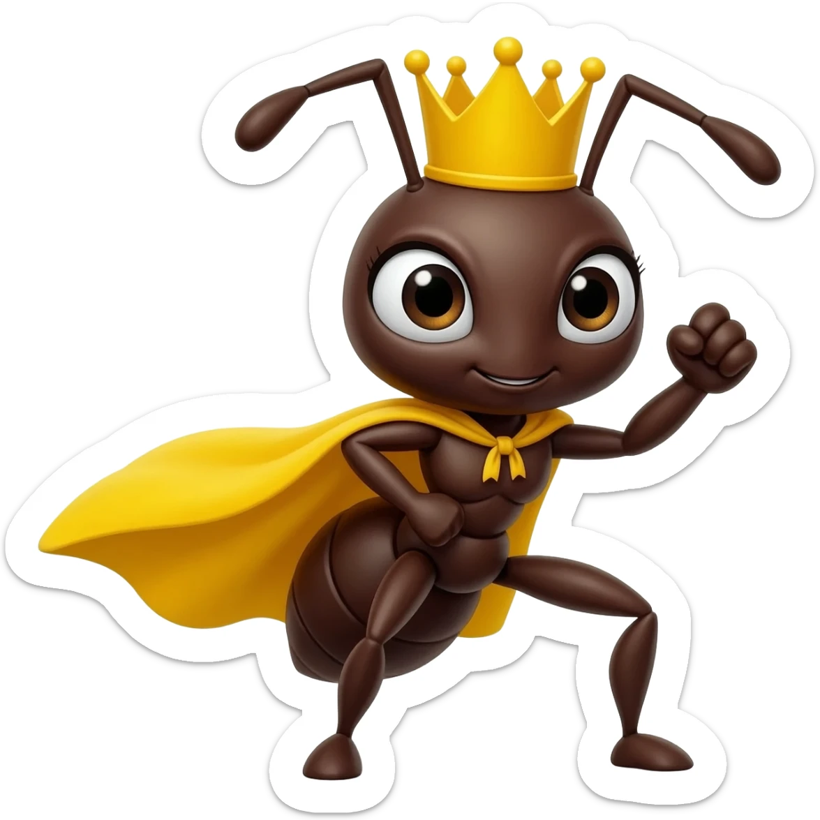 Ant with yellow crown doing superhero pose, smaller, more simple, disney style, cute eye, without cape sticker