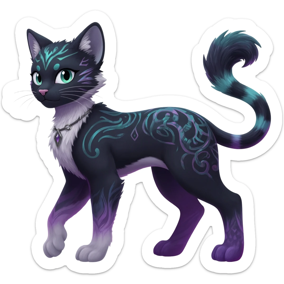 Kawaii dark edgy fantasy feline-vernid-sergal-fursona animal creature with a tufted tail full body with intricate markings  sticker