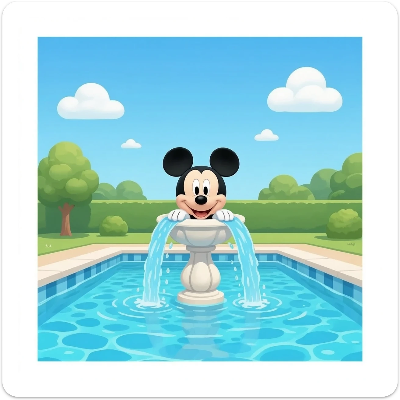 Micky mouse fountain spraying water into swimming pool sticker
