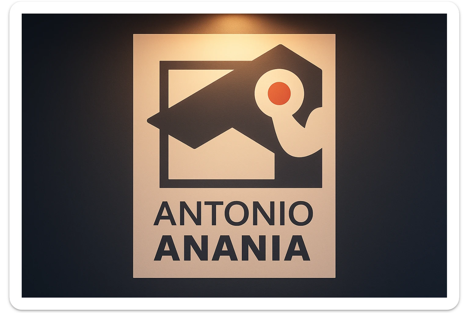 su questo stile fai un manga/webtoon a colori in cui mostri quella parete dietro dello studio con il suo logo e la scritta "ANTONIO ANANIA" SOTTO IL LOGO, LUCE CHE ILLUMINA IL LOGO sticker