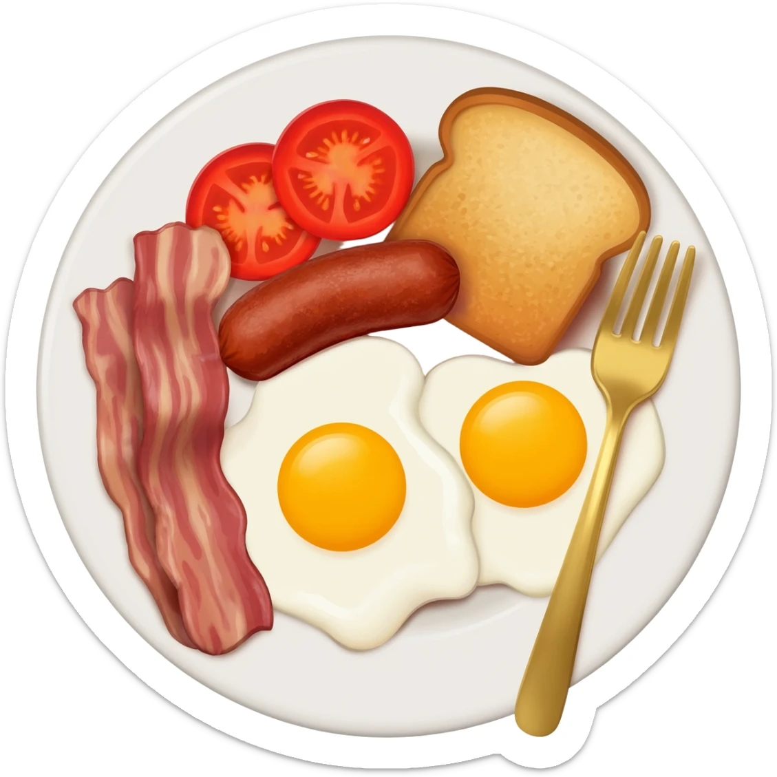 English breakfast full English breakfast with eggs, bacon, sausage, beans, toast, and tomato оn a beautiful white plate with a gold fork sticker
