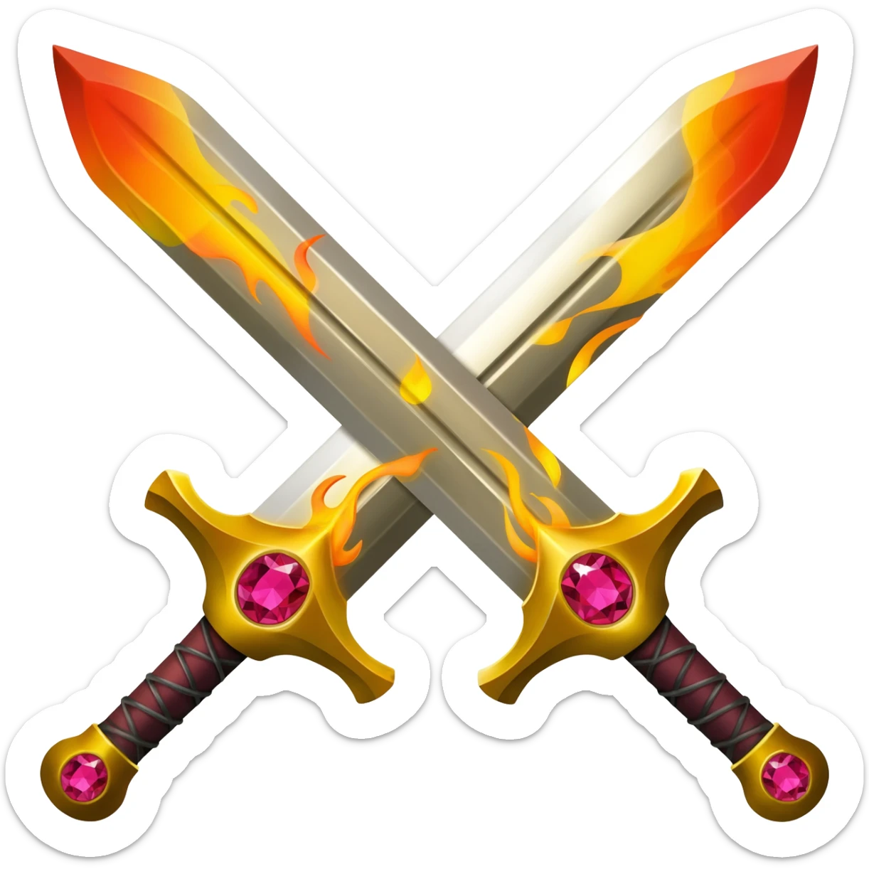 Flaming golden crossed swords with red gems sticker
