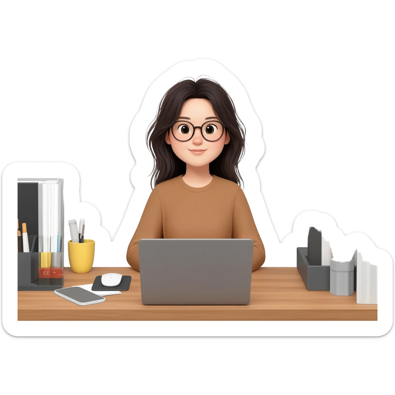 asian girl with messy long  hair and glasses working from home  on PC half body and front view profile sticker
