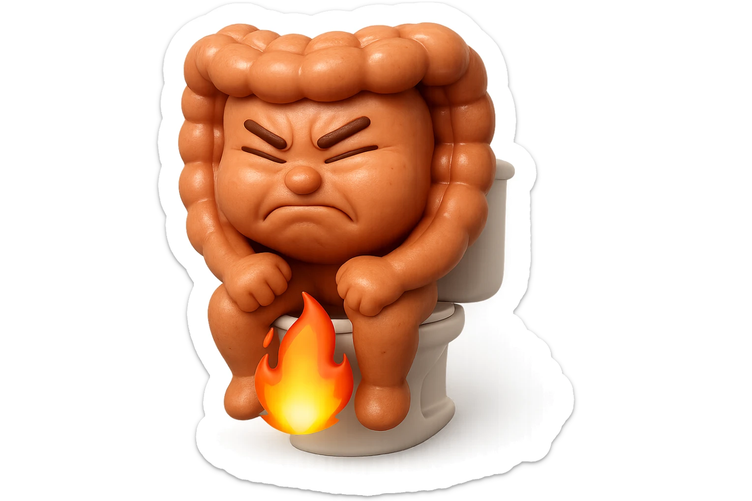 SU QUESTO STILE FAI UN EMOJI STILE IPHONE 3D DI UN INTESTINO CHE sta seduto sul wc e dal wc in mezzo alle sue gambe esce una fiamma stile emoji iphone, FAGLI UN ESPRESSIONE di dolore mentre si sforza E FALLO MOLTO REALISTICO IN 3D sticker