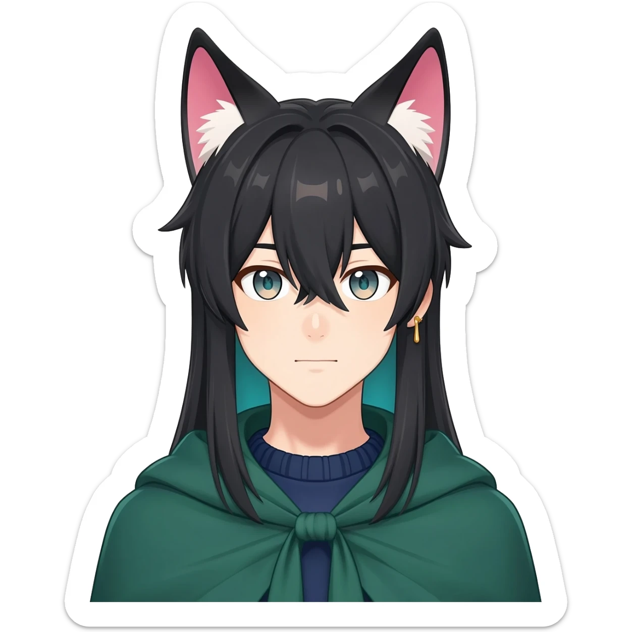 Tighnari from Genshin Impact; anime man with long-straight-dark-black hair, long black fox ears with pink Scapha, colorful-gradient-turquoise-brownish eyes, gold earring, dark-blue-sweater, green cape, white pupils sticker